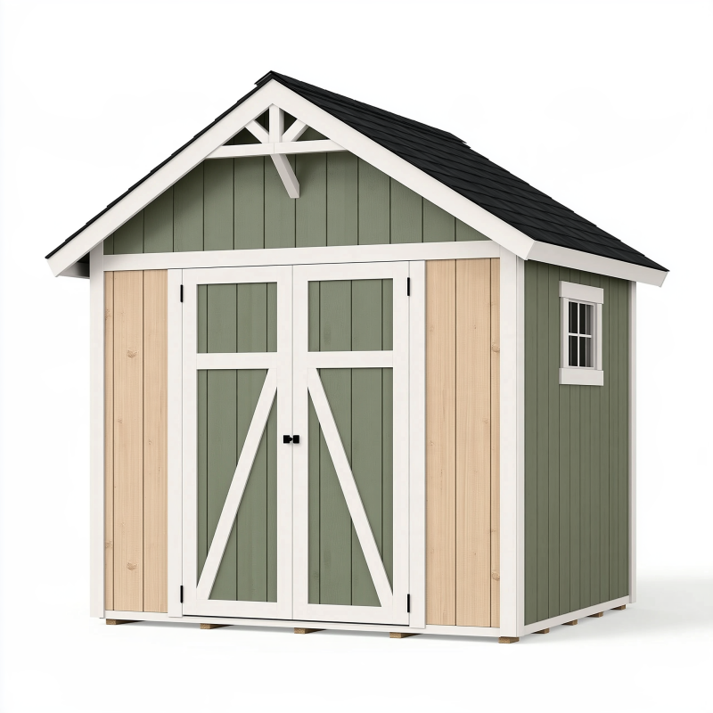 Abri de jardin 240 x 180 x 230 cm en bois vert sauge blanc naturel avec double porte style chalet