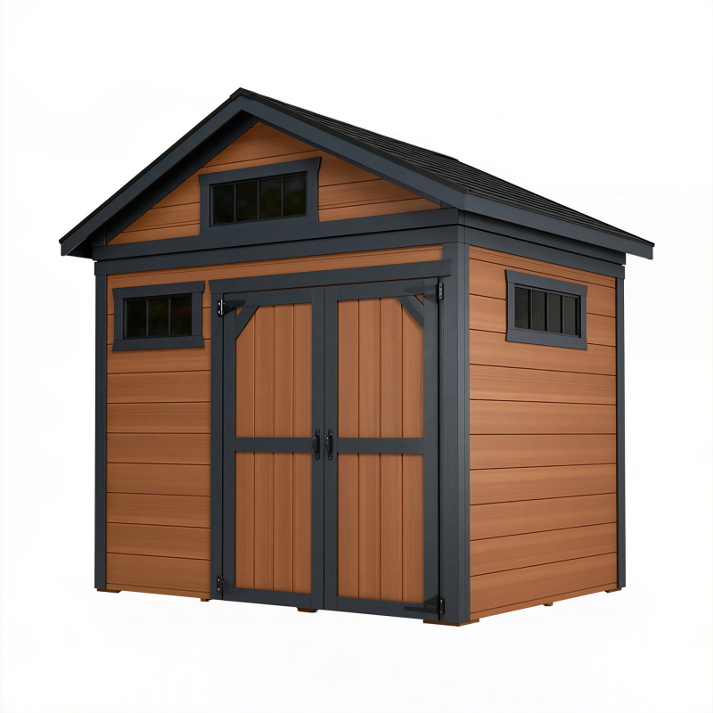 Abri de jardin 240 x 180 x 220 cm aspect bois marron et noir à double porte toit incliné