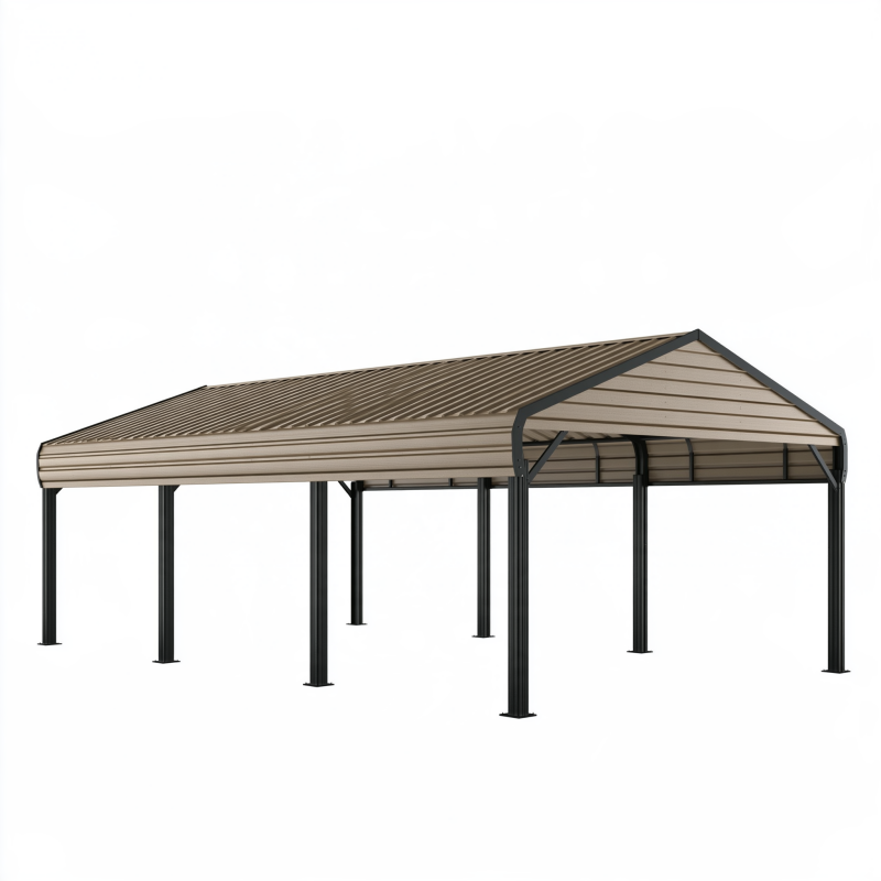 Abri voiture 600 x 300 x 280 cm en acier beige et noir - toit à deux pentes pour extérieur