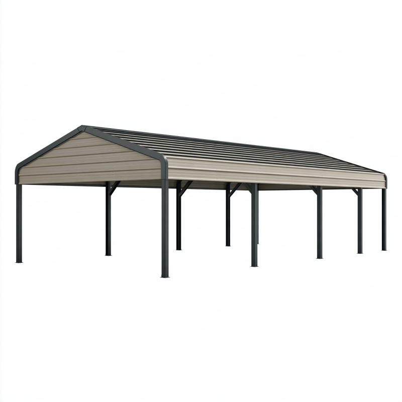 Abri voiture 600 x 300 x 270 cm en acier taupe et anthracite à toit incliné
