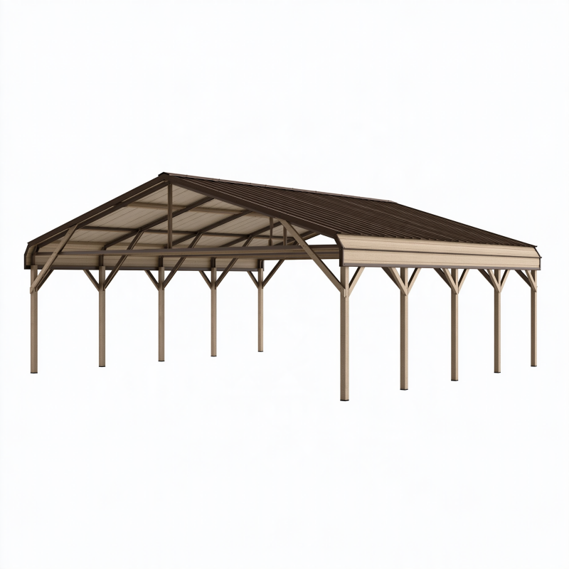 Abri voiture 600 x 300 x 280 cm en acier marron à toit double pente pour extérieur