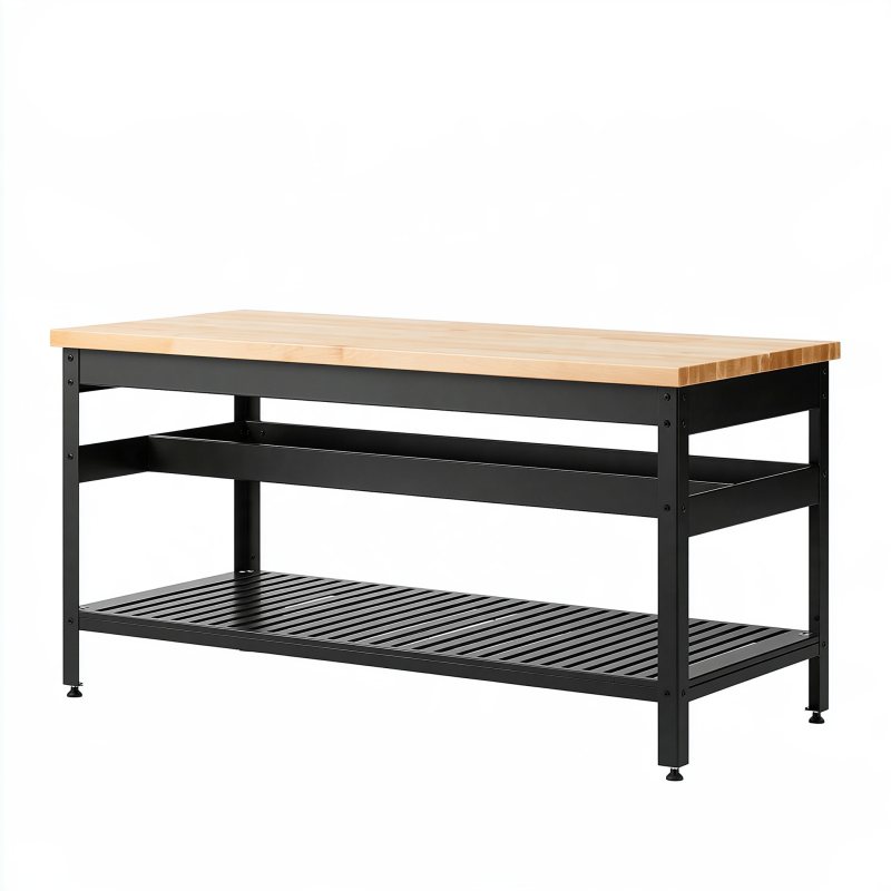 Établi 152 x 76 x 91 cm en bois et acier noir avec étagères de rangement