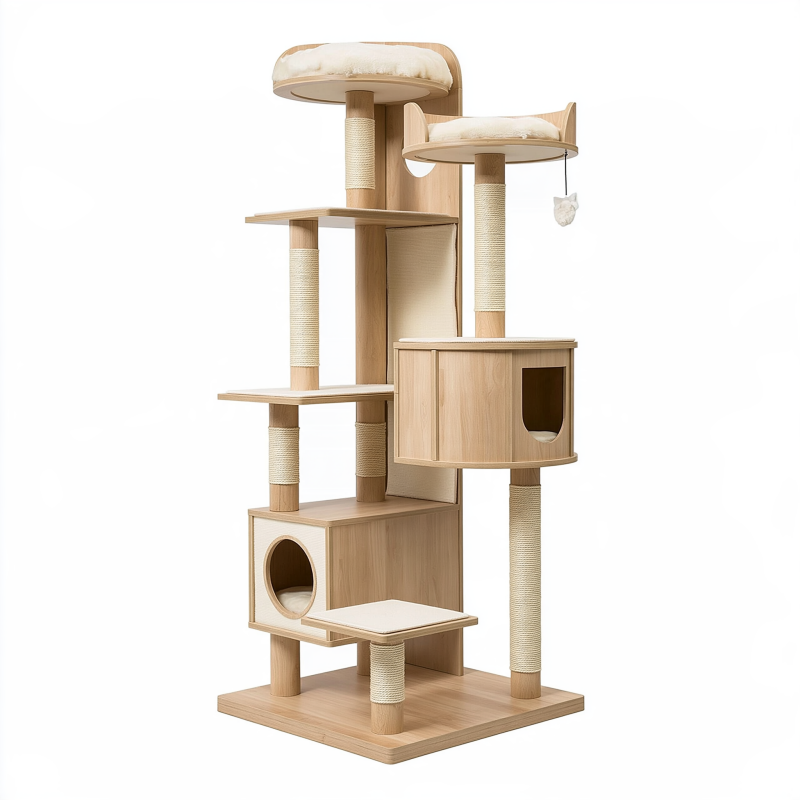 Arbre à chat 60 x 50 x 170 cm en bois beige avec plateformes griffoirs et niches