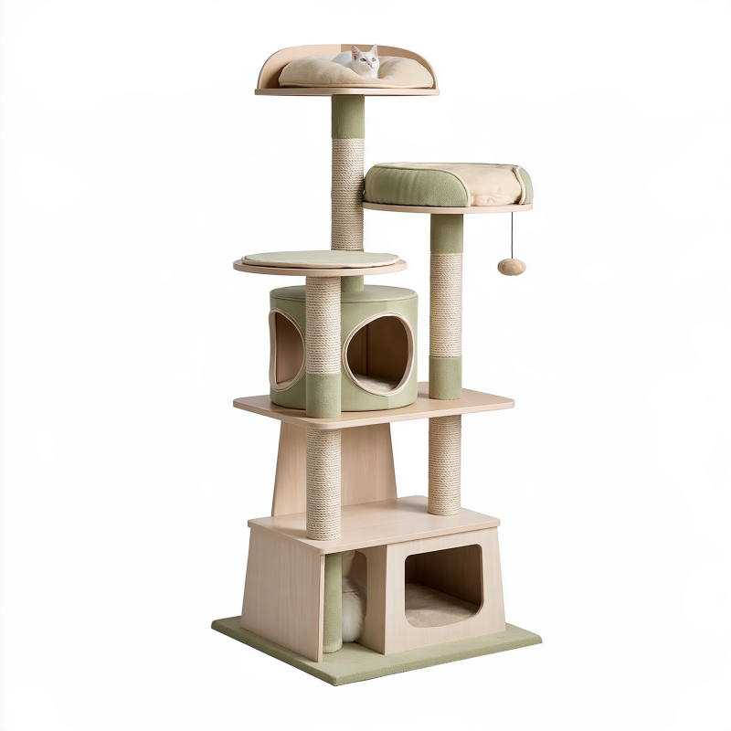 Arbre à chat 60 x 50 x 160 cm en bois beige et vert avec griffoirs et niches