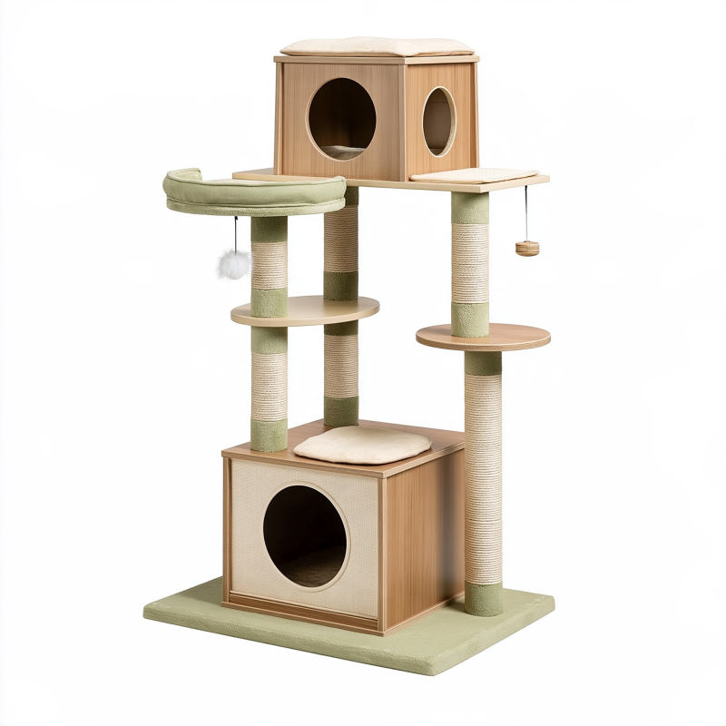 Arbre à chat 60 x 60 x 150 cm en panneaux aspect bois vert sauge et beige avec griffoirs et niches