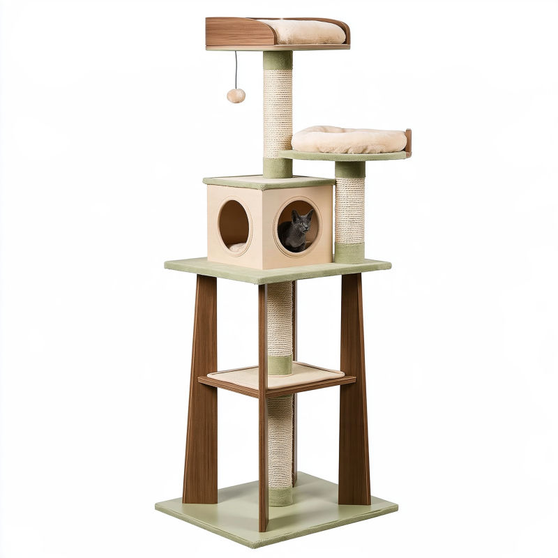 Arbre à chat 60 x 60 x 170 cm en bois beige et vert avec griffoirs en sisal plateformes et niche