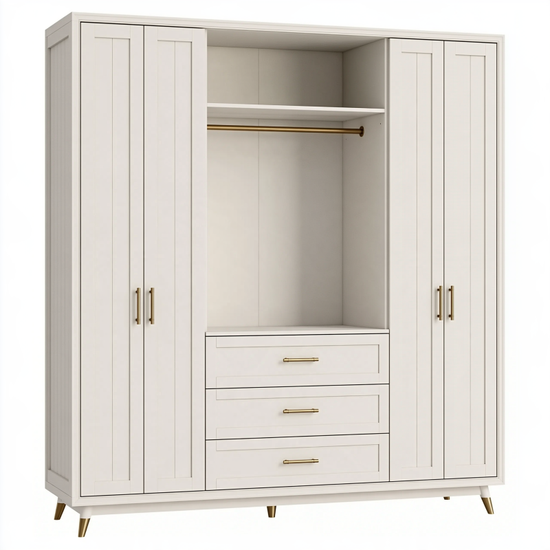 Armoire de rangement 180 x 55 x 200 cm blanche en panneaux de bois avec penderie et tiroirs style contemporain