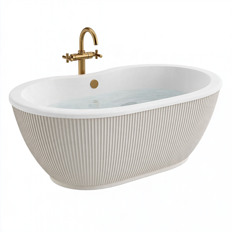 Baignoire îlot 170 cm blanc en composite minéral rainuré style contemporain