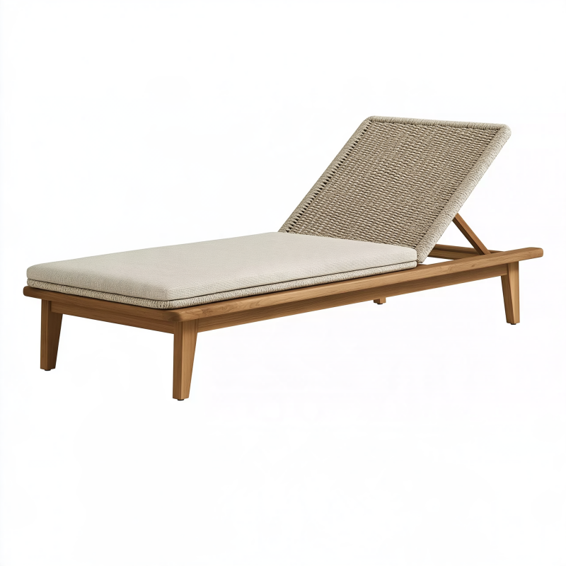 Chaise longue de jardin 200 x 70 cm en bois marron avec dossier réglable et tressage beige