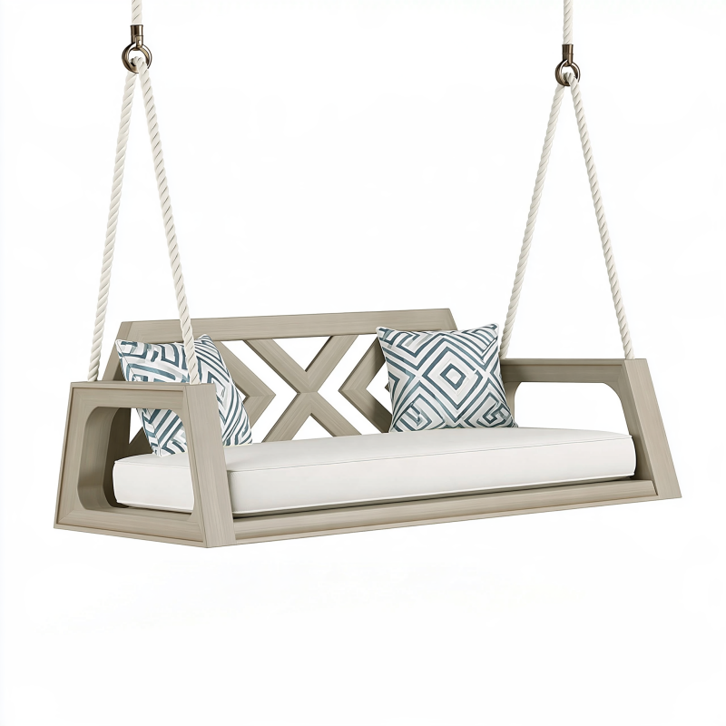 Balancelle suspendue de jardin 150 x 65 x 55 cm en bois beige et blanc 2 places