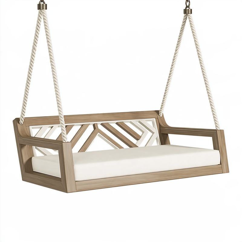 Balançoire de jardin 120 cm en bois naturel blanc suspendue style géométrique